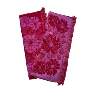 Vtg Callaway By Milliken Towels Set Of 2 Flower Power Fringe Orange Pink Cotton